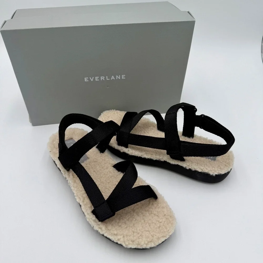 Everlane NEW NWB The ReNew Teddy Sport Sandals Sherpa Lined Strappy Black 7 - Picture 1 of 7